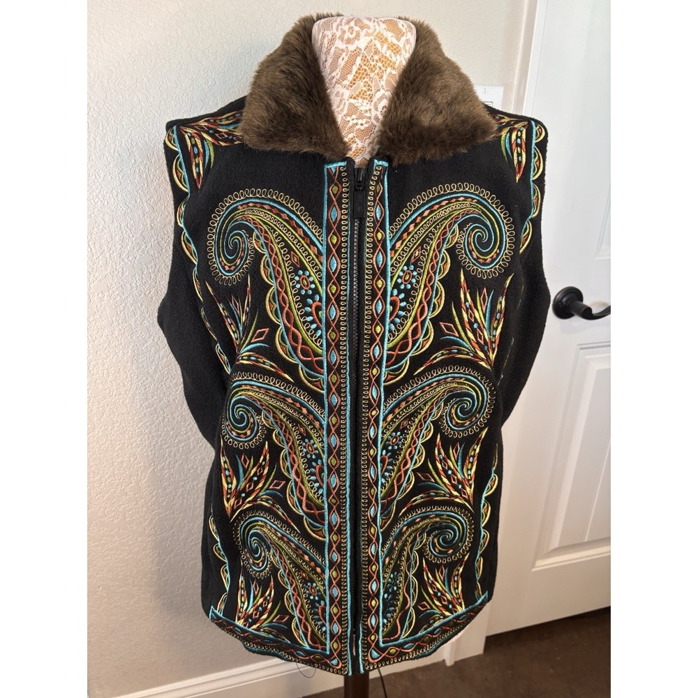 Bob Mackey Wearable Art Embroidered Fleece Vest Faux Fur Collar Zip Front Large